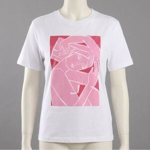 Women's Zara White T-shirt with Pink Print - Size L. 100% Cotton